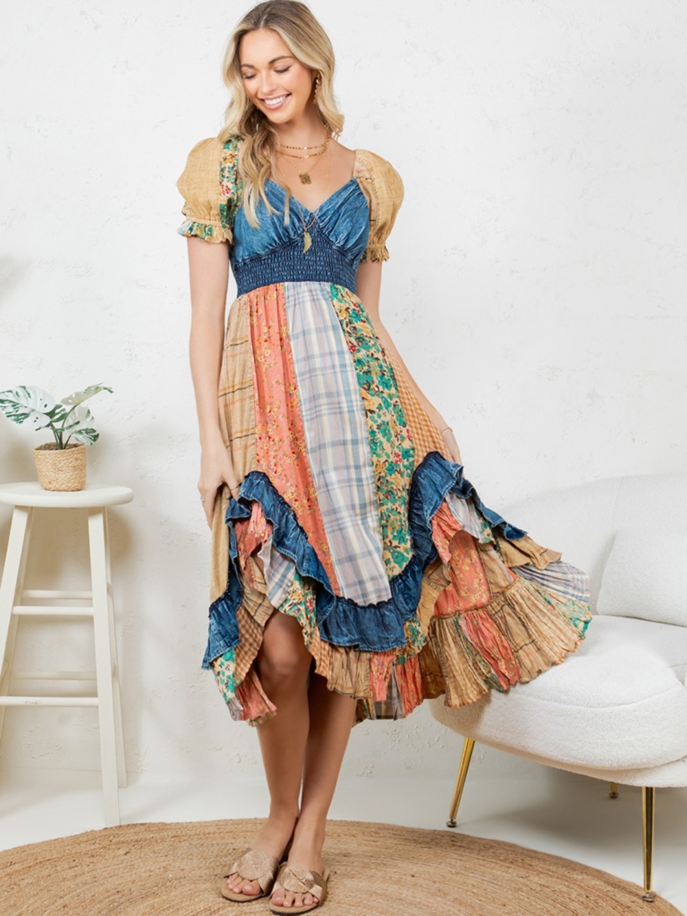 #192 Patchwork Floral Midi Dress with Puff Sleeves - Blue & Multi - Picture 3 of 3
